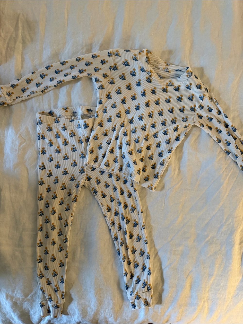 Children's Floral Ribbed Pajama Set - White with Blue & Yellow
